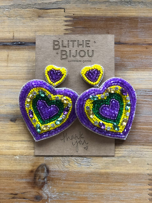 Beaded Mardi Gras Heart Statement Earrings